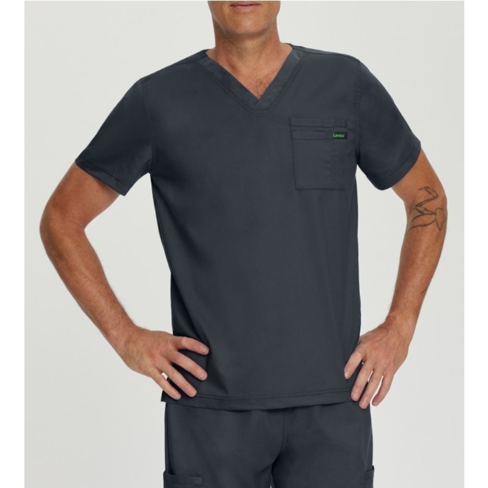 LANDAU PROFLEX UNISEX 2-POCKET V-NECK SCRUB TOP GRAPHITE